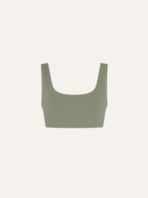 Product flat lay front view, mineral green swim top 