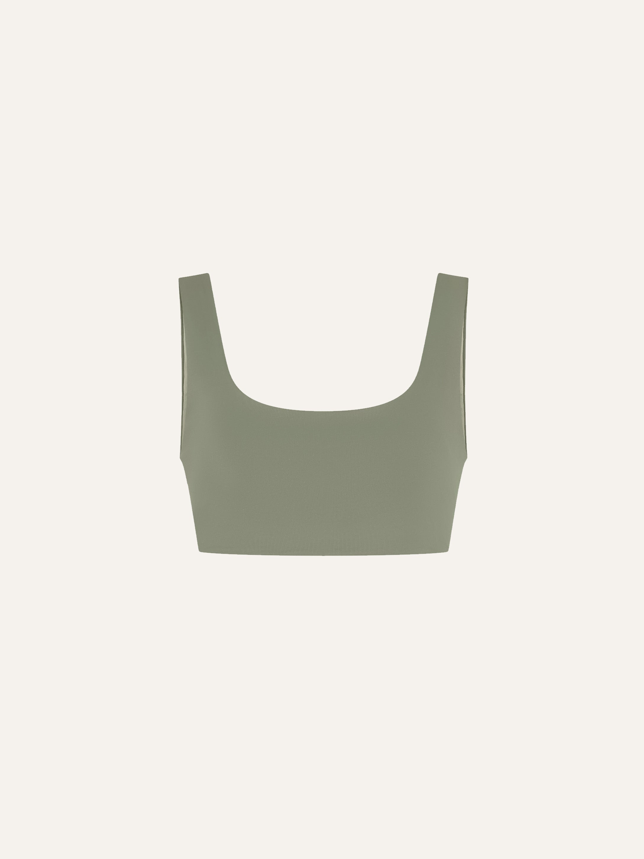 Product flat lay front view, mineral green swim top 
