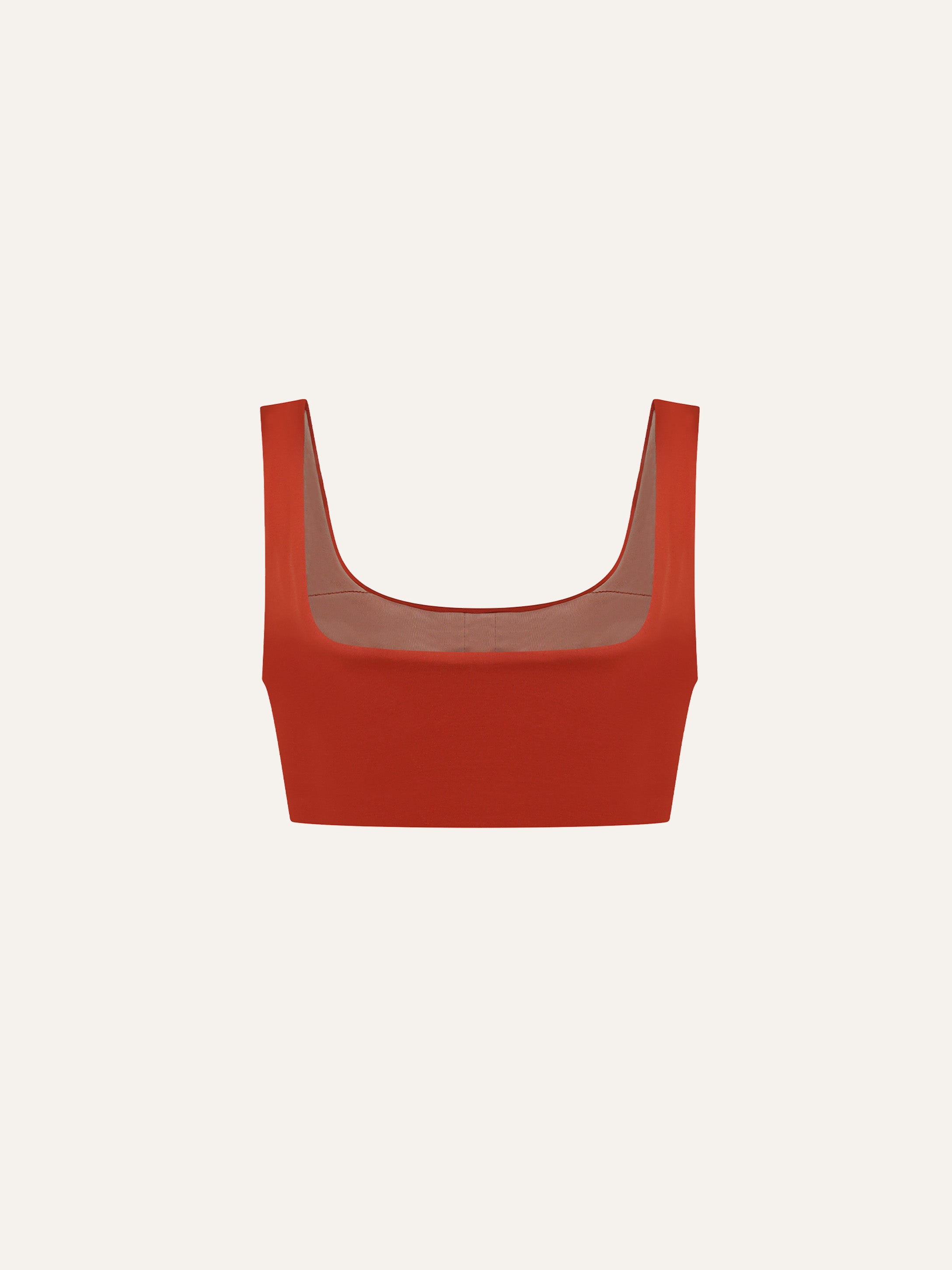 Product flat lay back view, terracotta red swim top