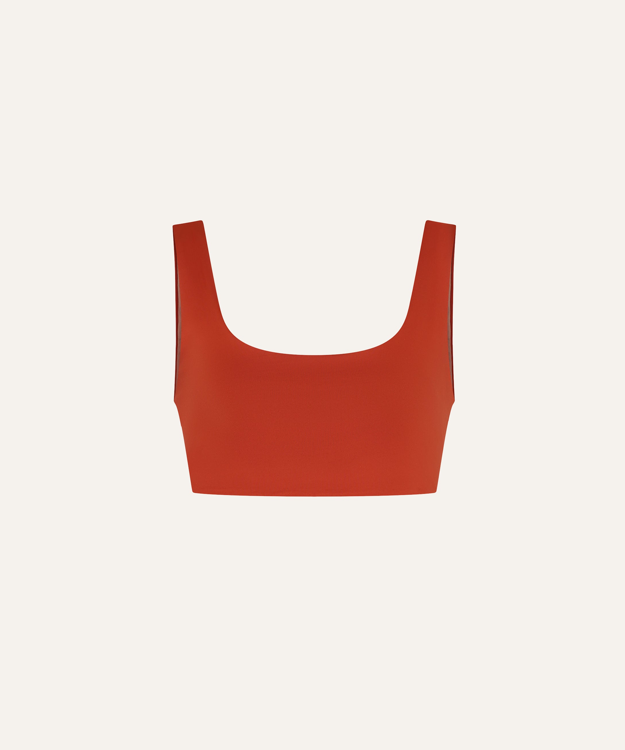 Product flat lay front view, terracotta red swim top