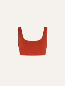 Product flat lay front view, terracotta red swim top