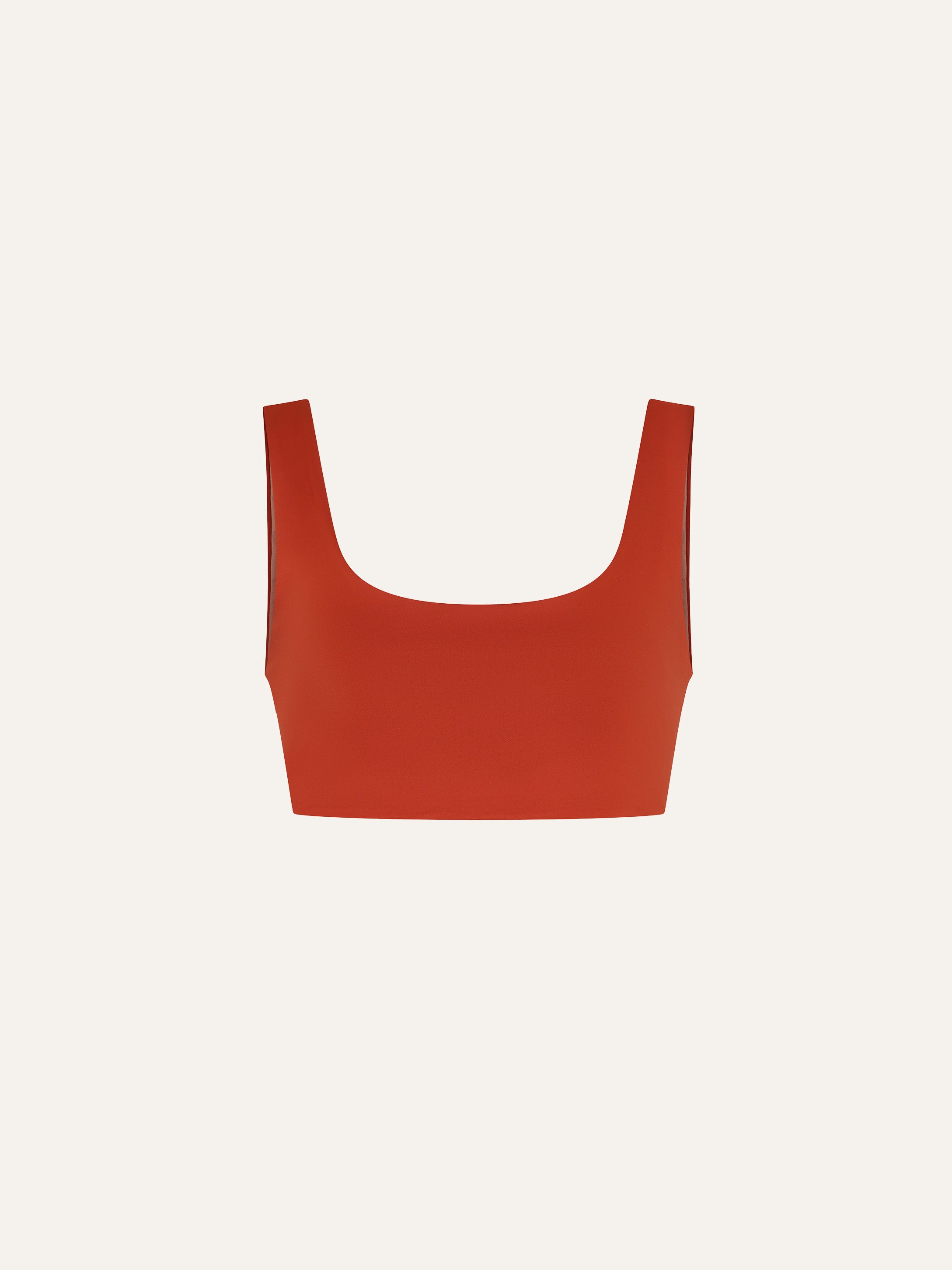 Product flat lay front view, terracotta red swim top