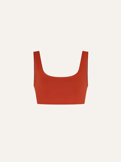 Product flat lay front view, terracotta red swim top