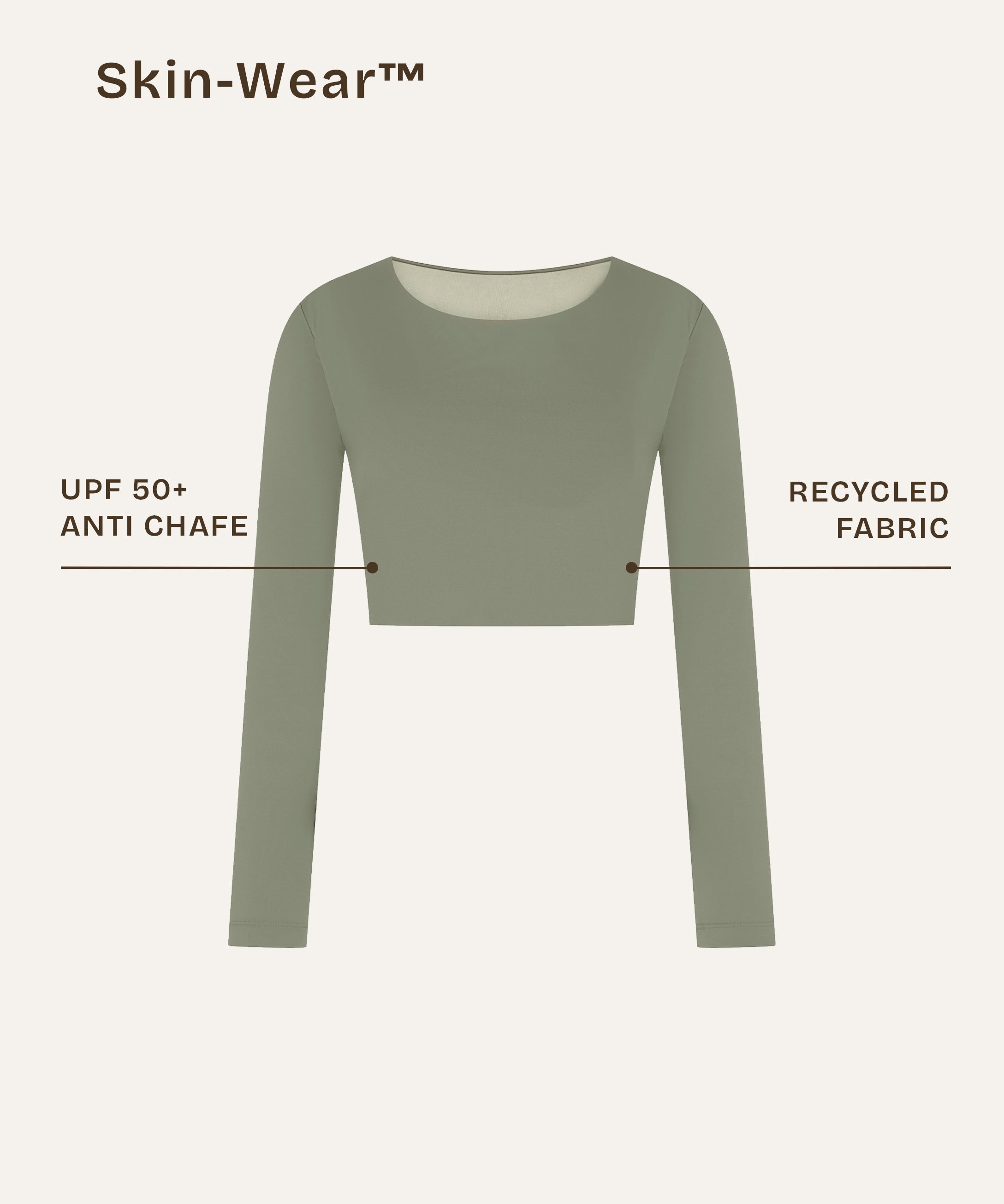 Front view of the Doris long-sleeve swim crop top rashguard in mineral green, highlighting the clean lines and sustainable details of this gender-neutral, nonbinary skin-wear design.
