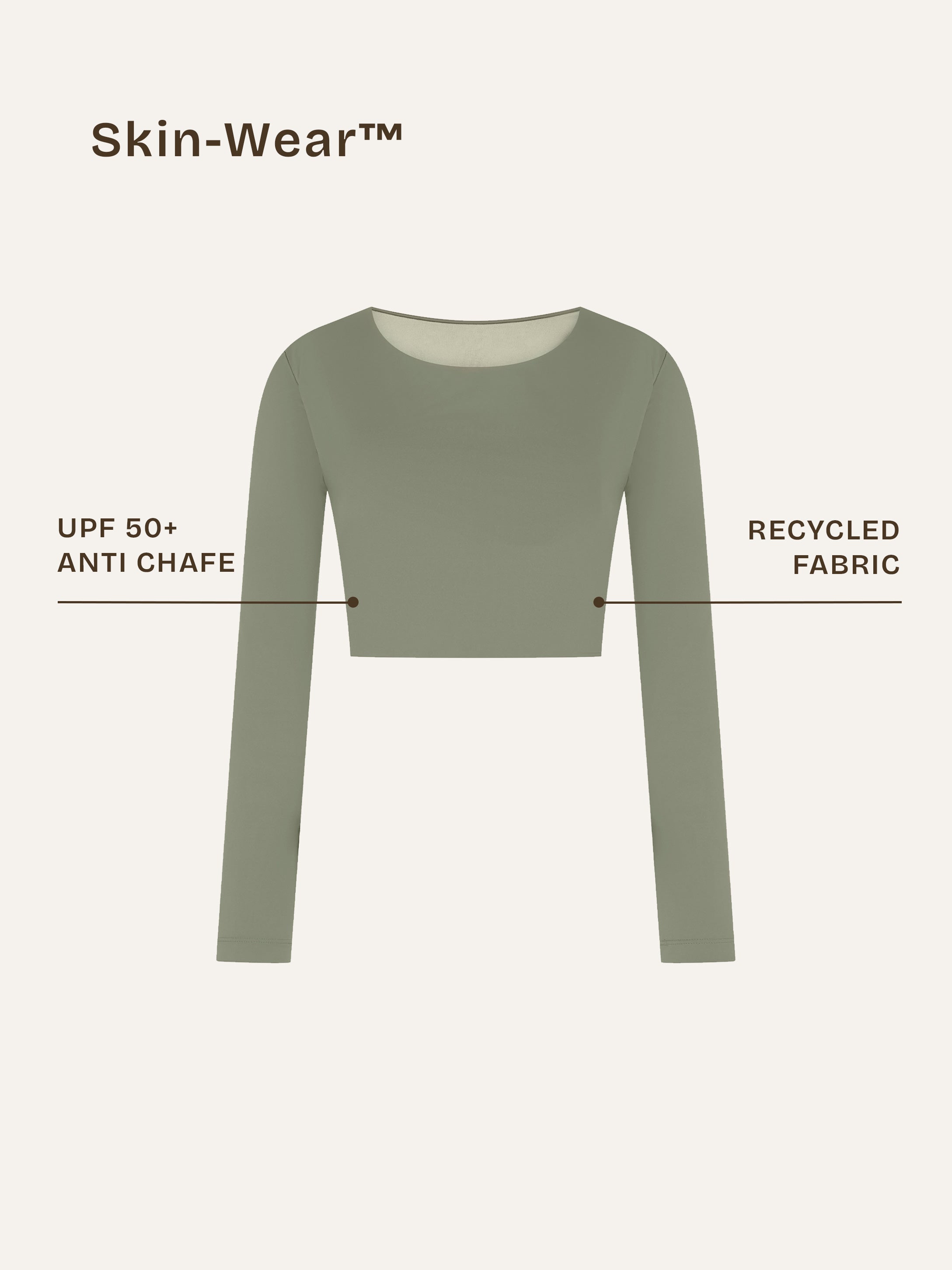 Front view of the Doris long-sleeve swim crop top rashguard in mineral green, highlighting the clean lines and sustainable details of this gender-neutral, nonbinary skin-wear design.