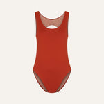 Marsha one-piece swimsuit in terracotta red, flat front view

