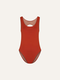 Marsha one-piece swimsuit in terracotta red, flat front view

