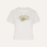 Product flat lay front view, printed off-white t-shirt