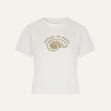 Product flat lay front view, printed off-white t-shirt