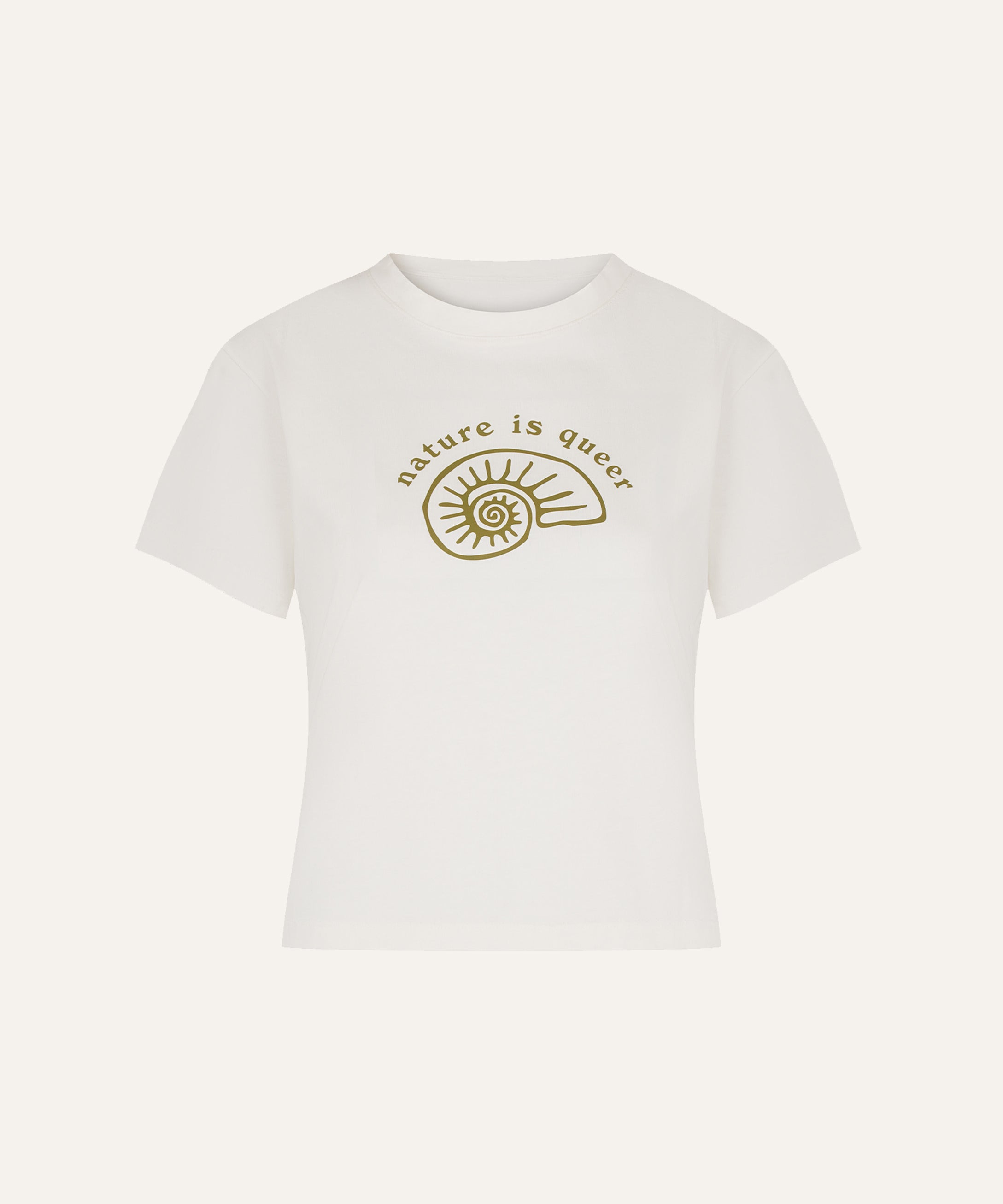 Product flat lay front view, printed off-white t-shirt