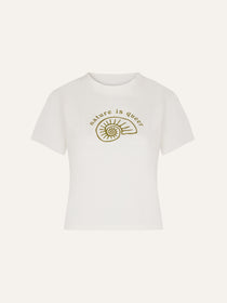 Product flat lay front view, printed off-white t-shirt