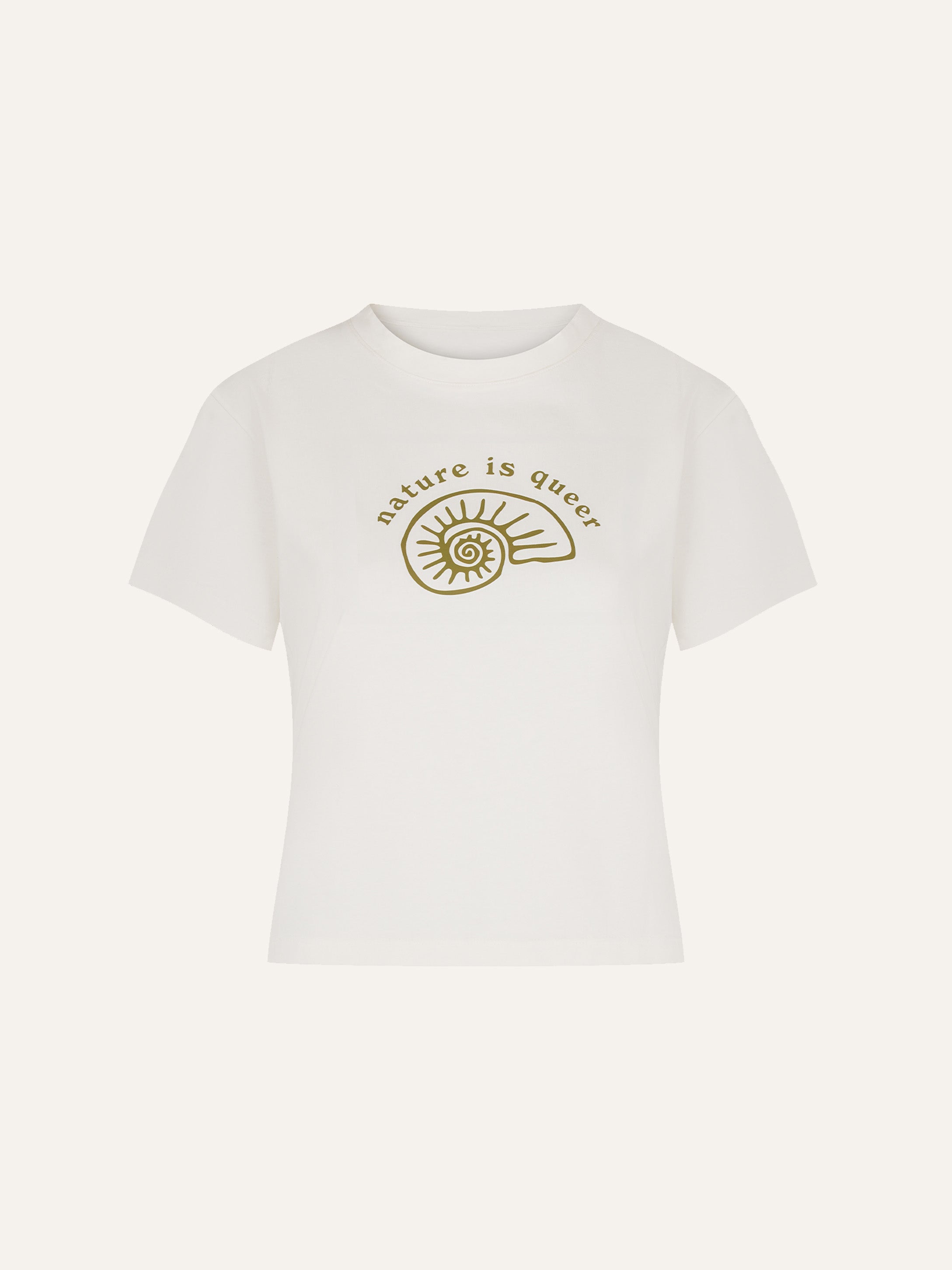 Product flat lay front view, printed off-white t-shirt