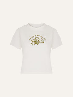 Product flat lay front view, printed off-white t-shirt