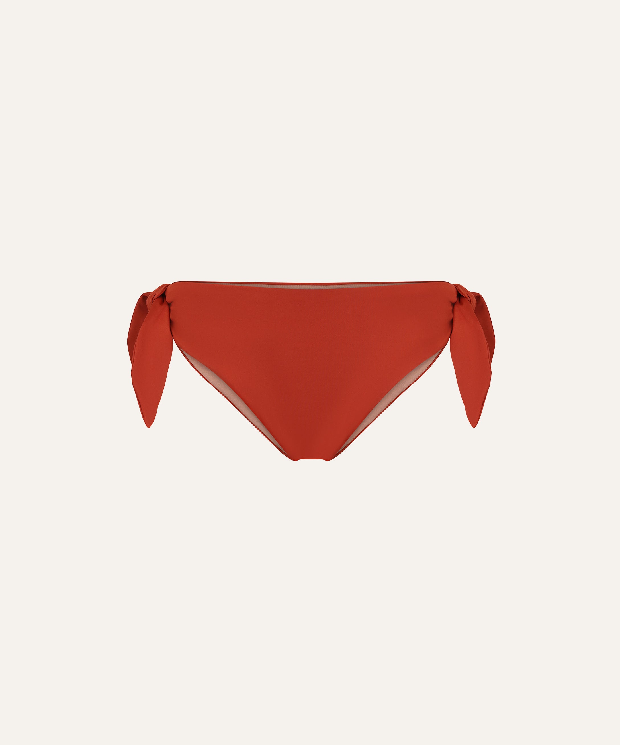 Product flat lay front view, terracotta red bikini bottom