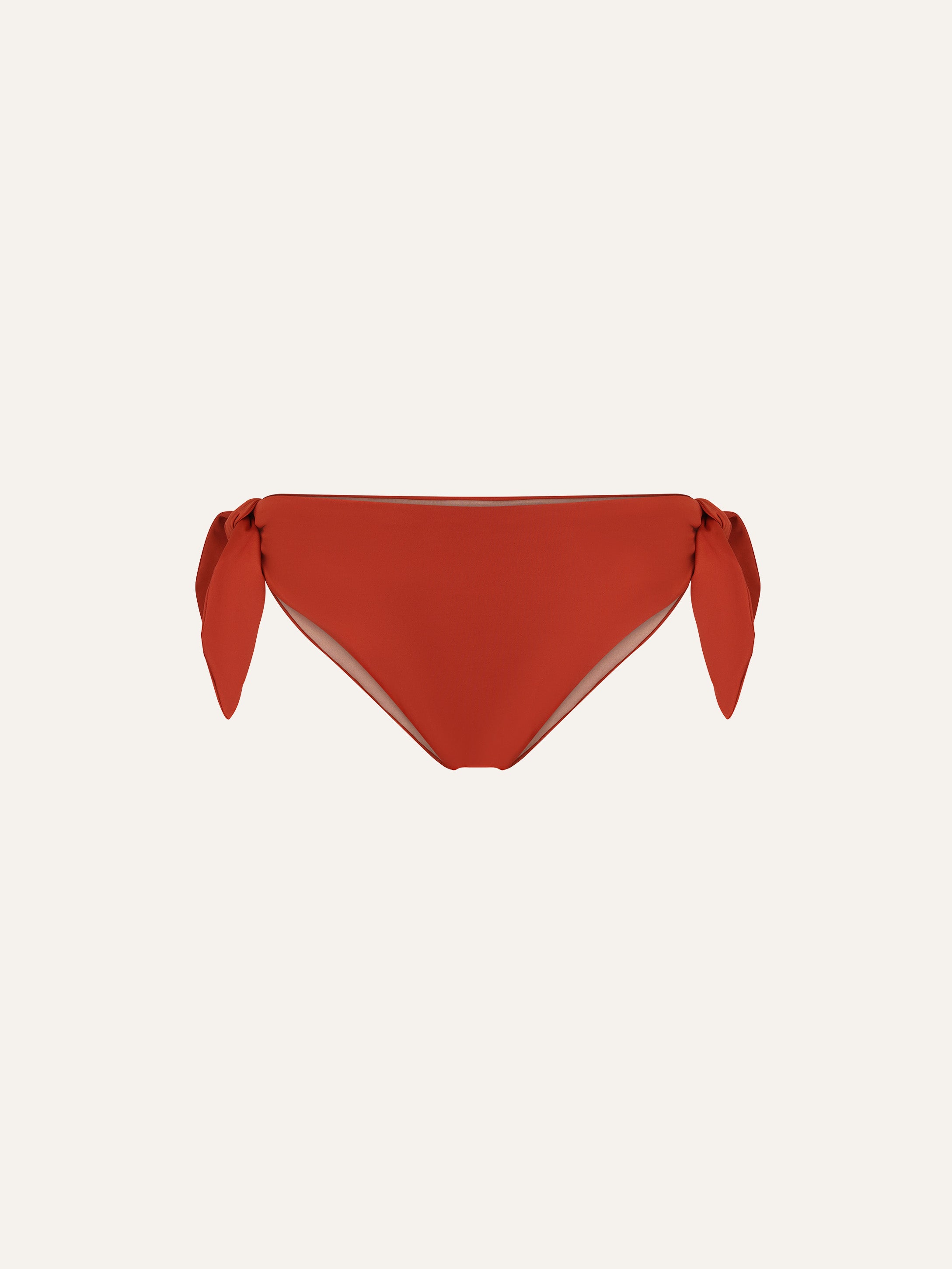 Product flat lay front view, terracotta red bikini bottom