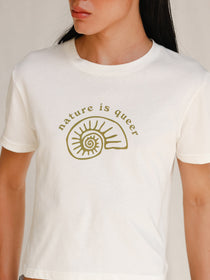 Close up front view of model wearing white tee with Nature is Queer print 